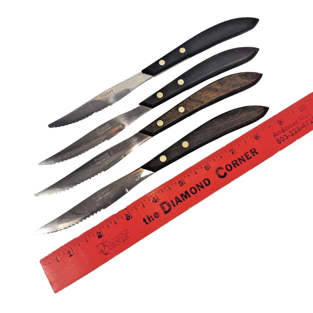 Vintage Stanley Steak Knives Stainless Steel Curved Wood Handle Tang 4 Pack